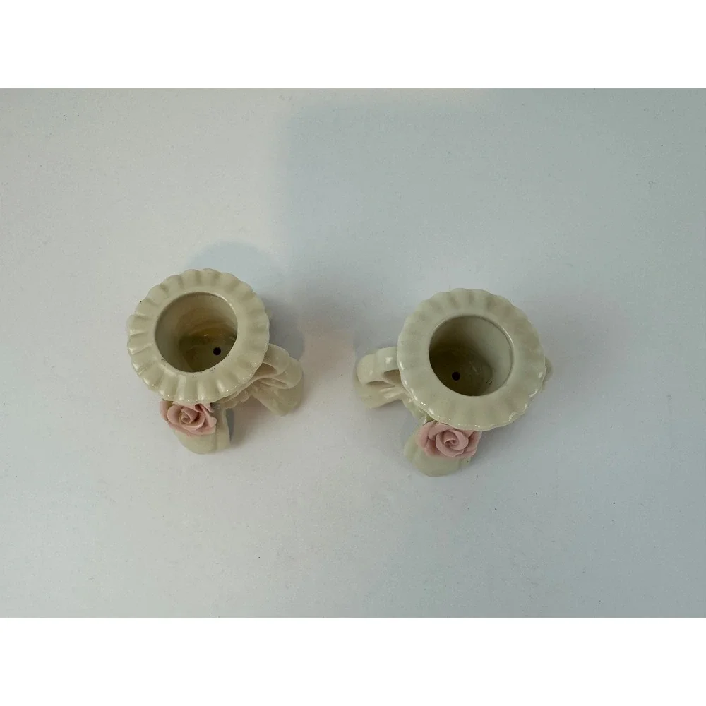 Vintage Ceramic Pink Rose Candle Holder Set Cottagecore Porcelain Taper Pair